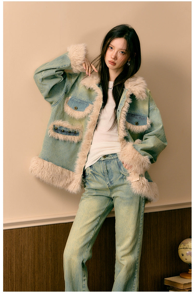 Fleece Patchwork Denim Jacket - CHINASQUAD