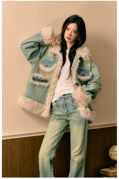 Fleece Patchwork Denim Jacket - CHINASQUAD