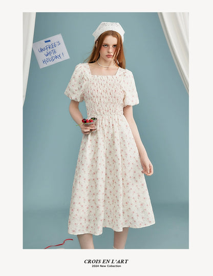 Pink Floral Square-neck Puff Sleeve A-line Dress