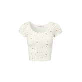 Cat and Dog Floral Square-neck Lace Cropped T-shirt - CHINASQUAD