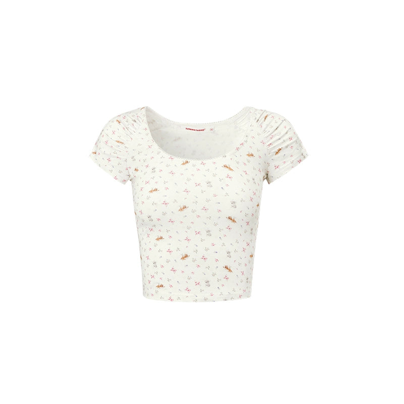 Cat and Dog Floral Square-neck Lace Cropped T-shirt - CHINASQUAD