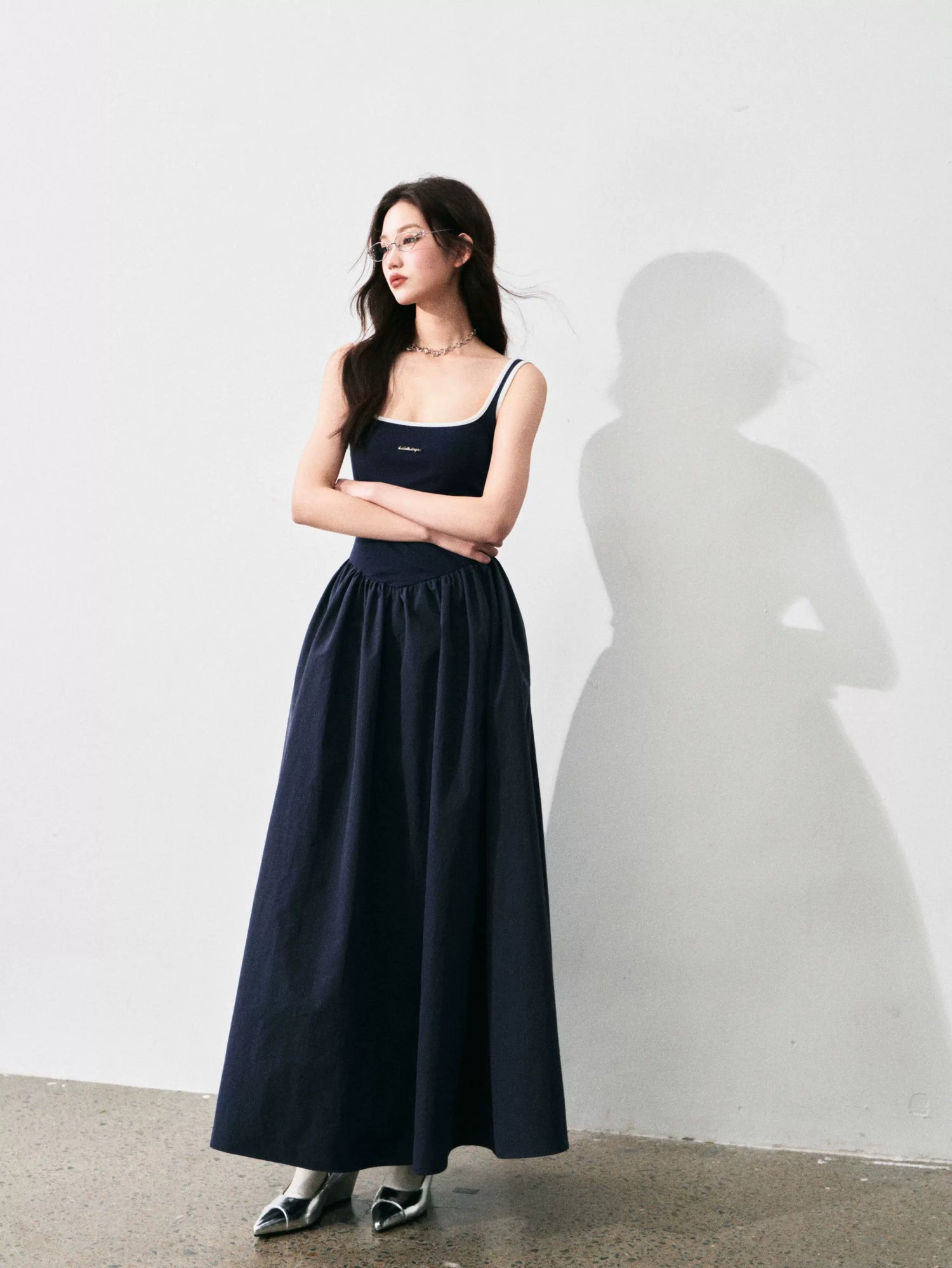 Contrast-Trim Backless Slip Maxi Dress