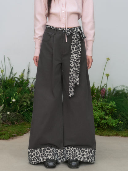 Leopard Print Cuff Casual Wide-Leg Pants