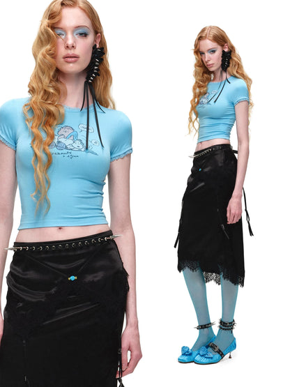 Asymmetric Satin Midi Skirt with Lace Trim