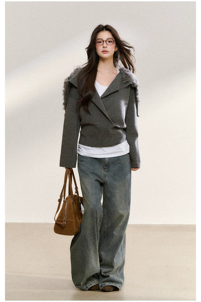 Gray Wrapped Knit Short Cardigan