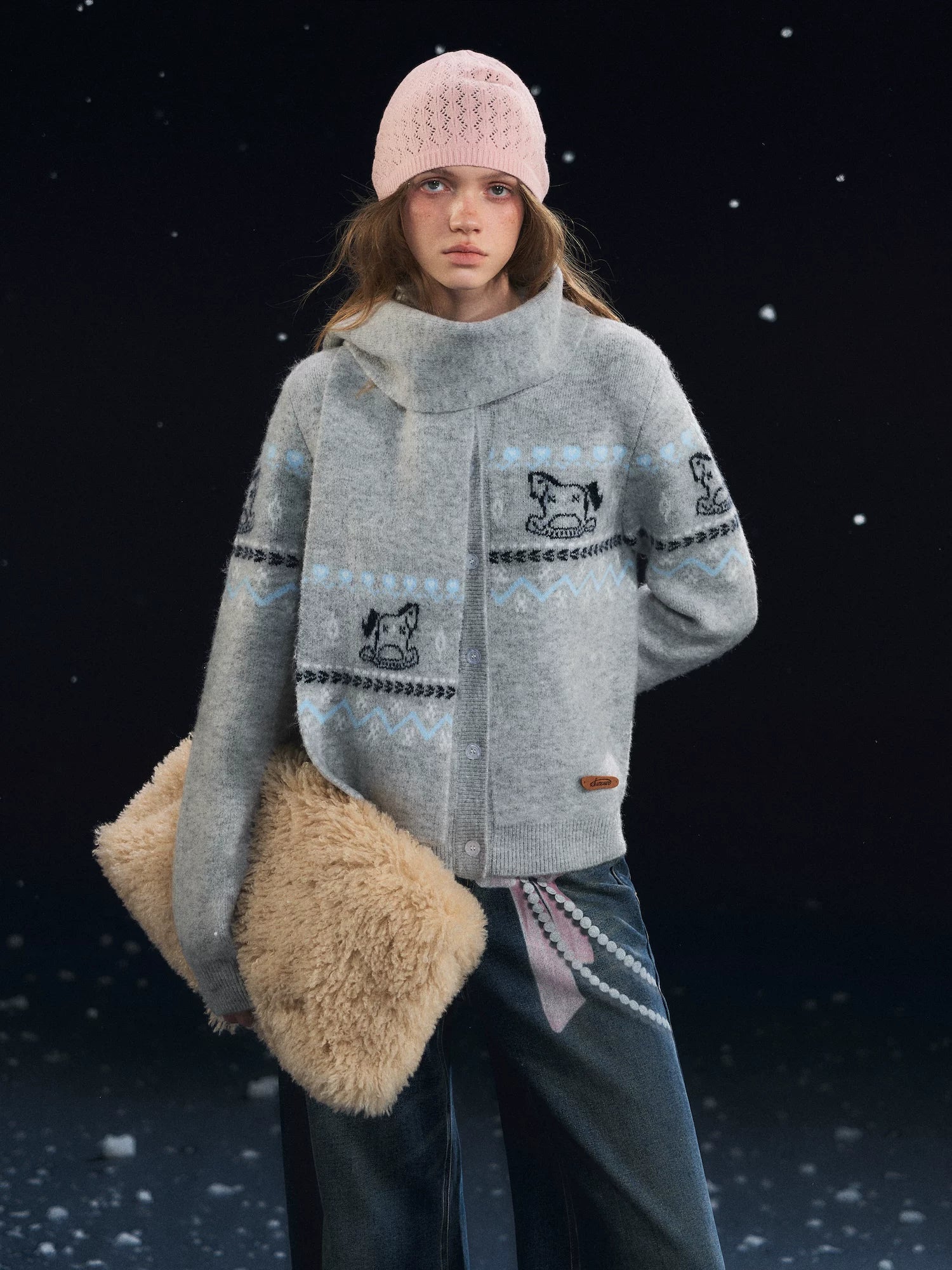 Fair Isle Scarf &amp; Cardigan Two-Piece Set