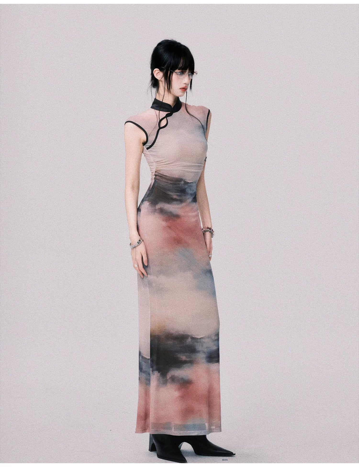 Stretch Mesh Cheongsam Maxi Dress