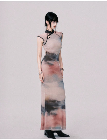 Stretch Mesh Cheongsam Maxi Dress