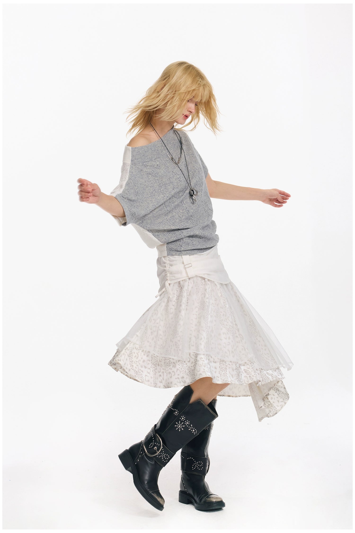 Diagonal Bat-Sleeve Knit Crewneck