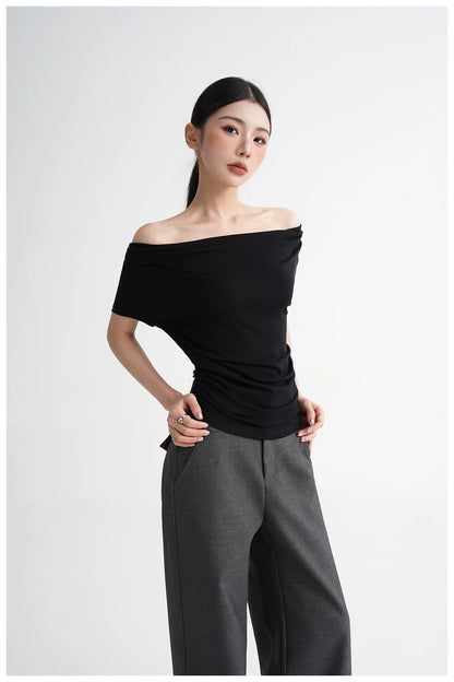 Draped Off-Shoulder Fitted Short Sleeve T-Shirt