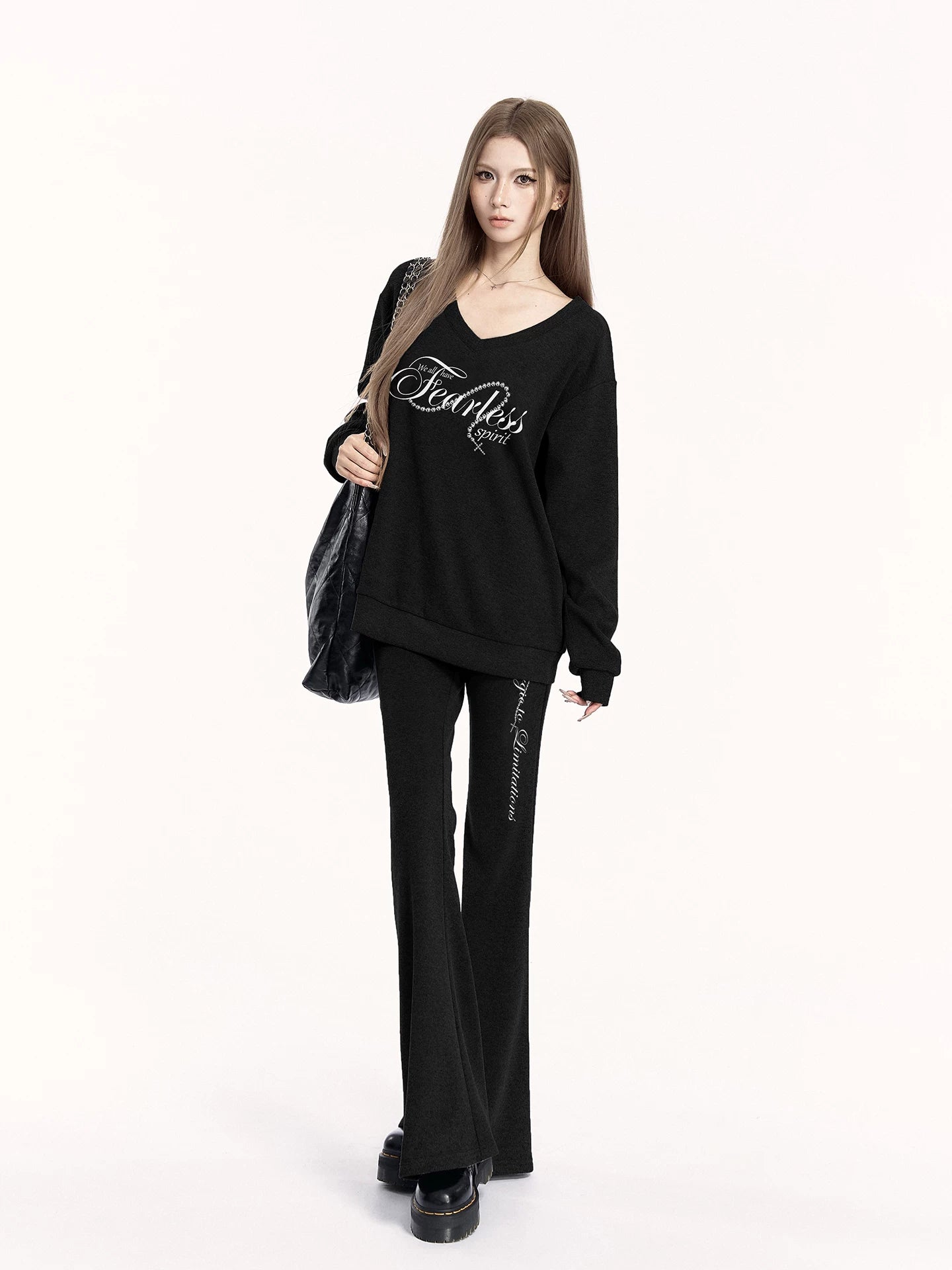 V-Neck Sweatshirt &amp; Flared Pants Set