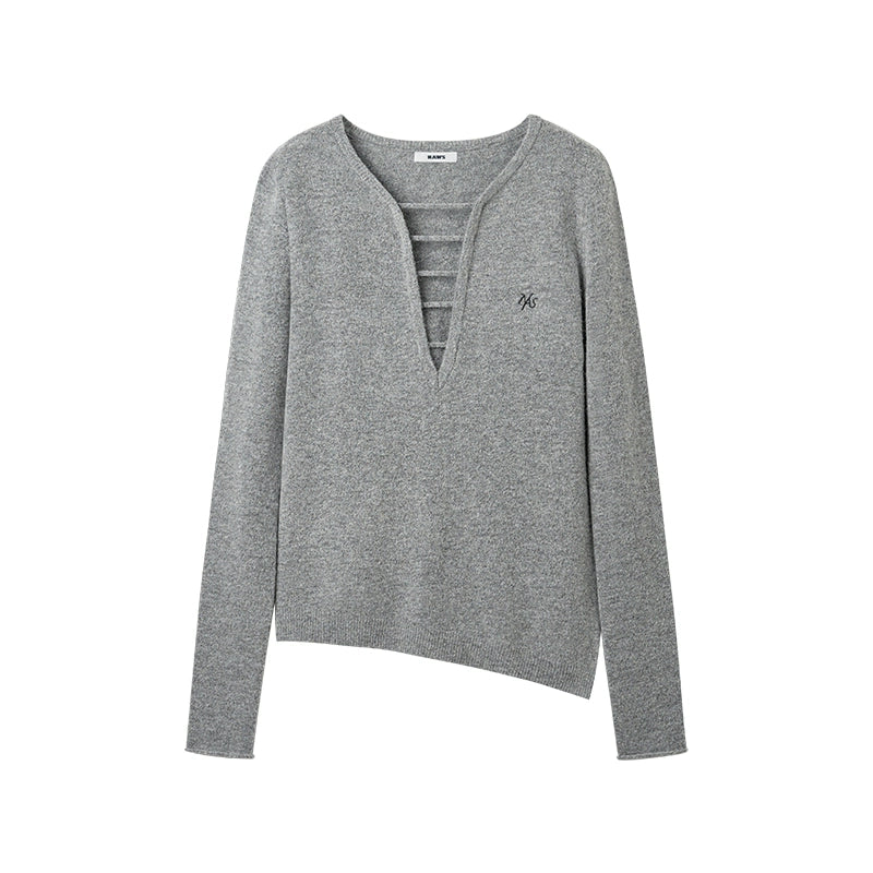 Wool Deep-V Textured Knit Sweater
