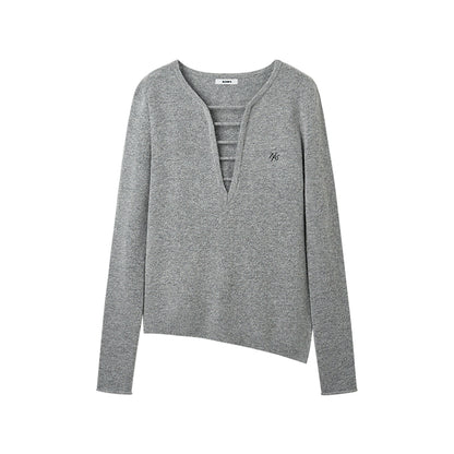 Wool Deep-V Textured Knit Sweater