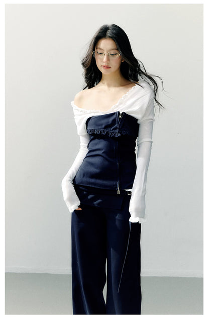 Detachable Off-Shoulder Panelled Slim-Fit T-Shirt