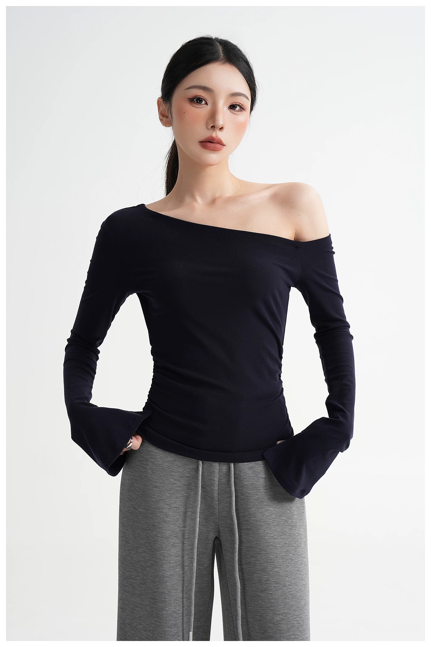 One-Shoulder Lyocell Flared Sleeve Fitted T-Shirt