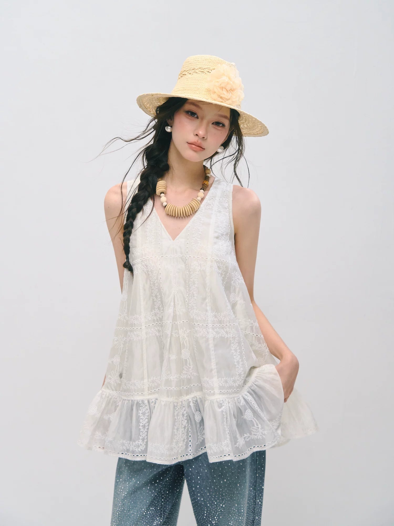 Embroidered Ruffle Trim Sleeveless Dress