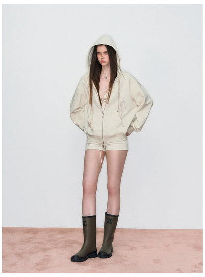 Rhinestone-Embellished Hooded Sweatshirt Jacket