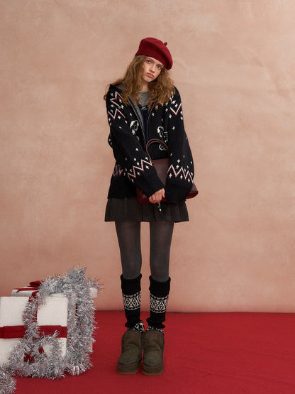 Fair Isle Horse-Pattern Hooded Cardigan