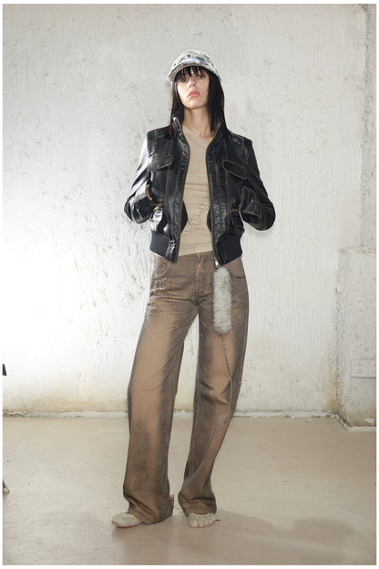 Distressed Cropped Biker Leather Jacket