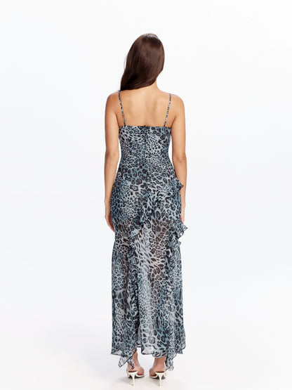 Blue Leopard Ruffle Maxi Dress