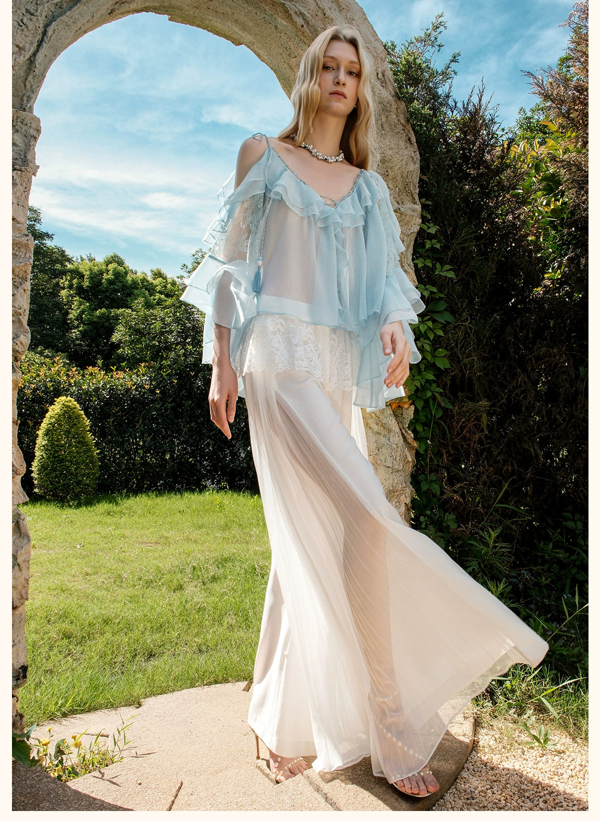 Layla Lace Ruffle Chiffon Wide-Leg Pants