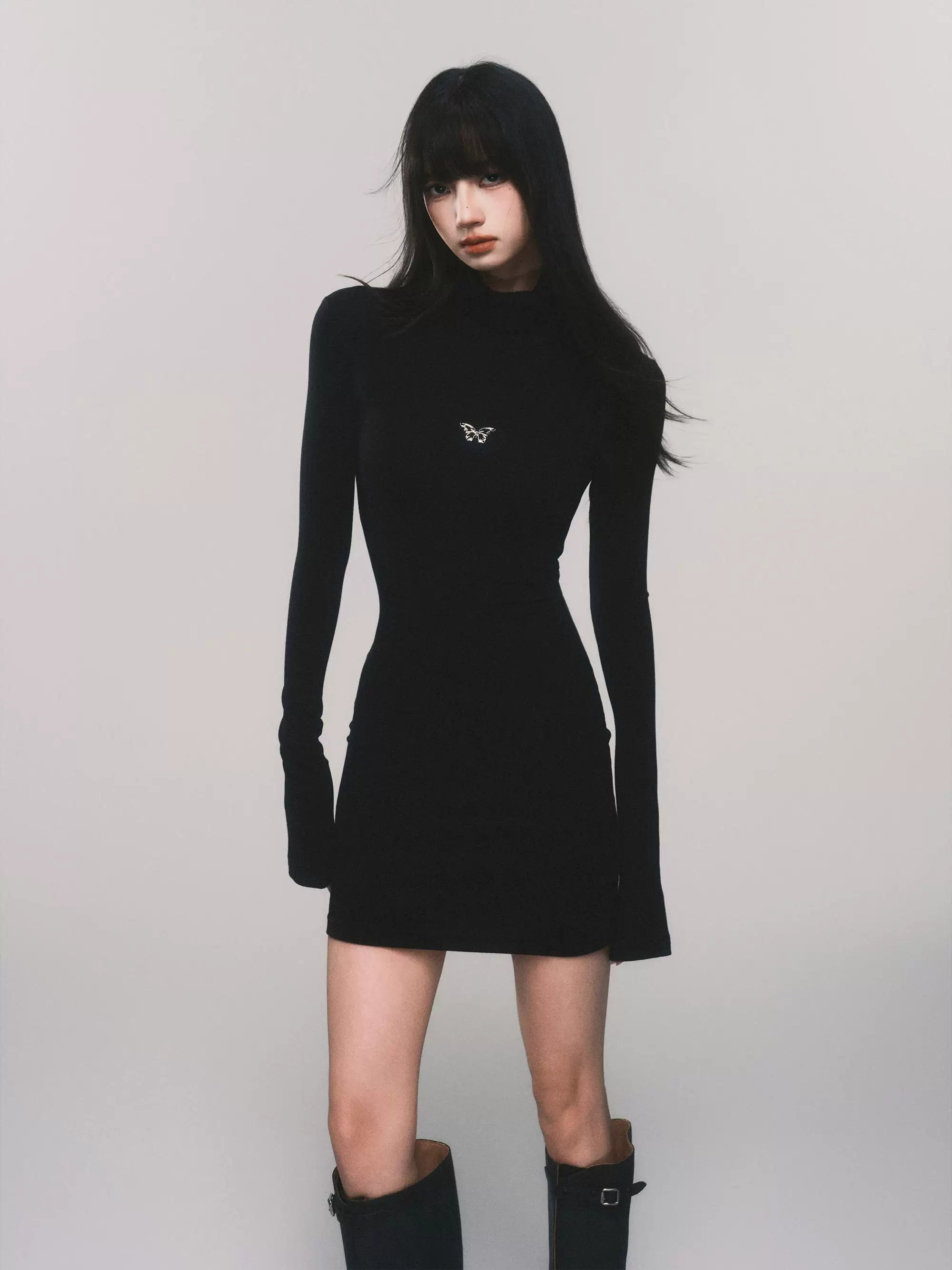 Slim-Fit Turtleneck Flared-Sleeve Knit Dress