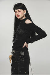 Mohair Off-Shoulder Knit Hoodie - CHINASQUAD