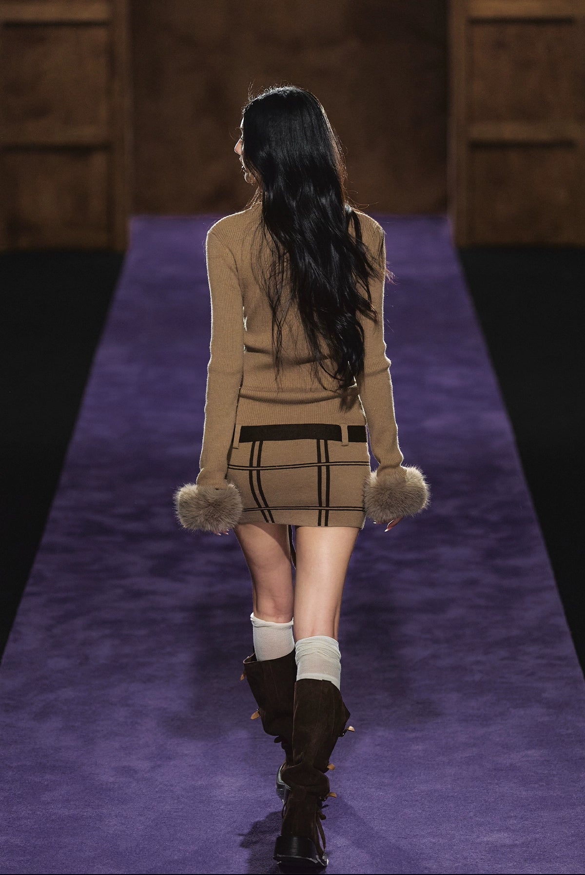 Faux Fur Cuff High-Neck Knit Dress