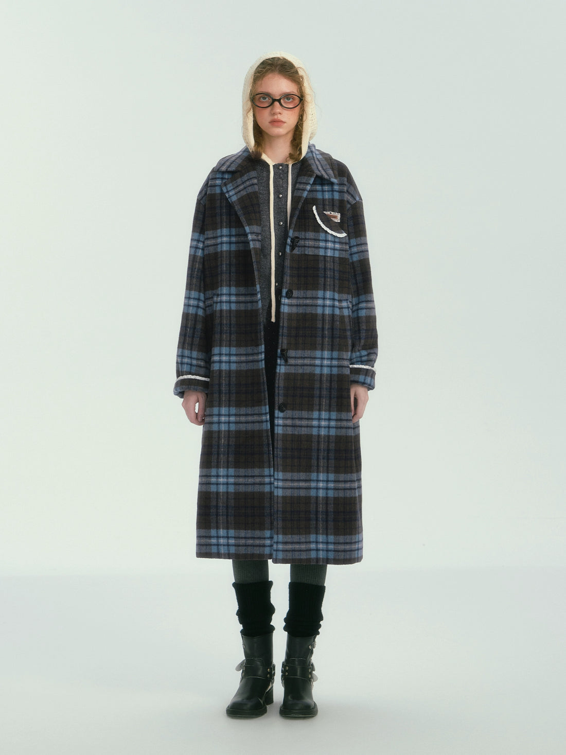 Contrast Plaid Long Woolen Coat