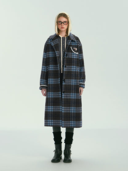 Contrast Plaid Long Woolen Coat