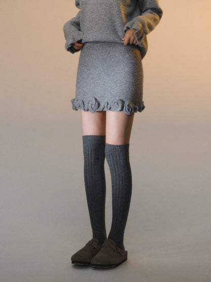 3D Rose V-Neck Knit Sweater &amp; A-Line Knit Skirt Set