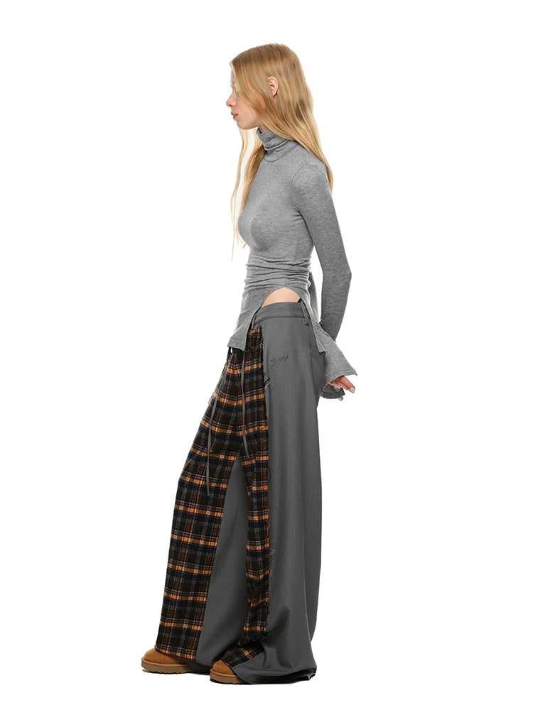 Plaid Color-Block Double-Waist Wide-Leg Pants