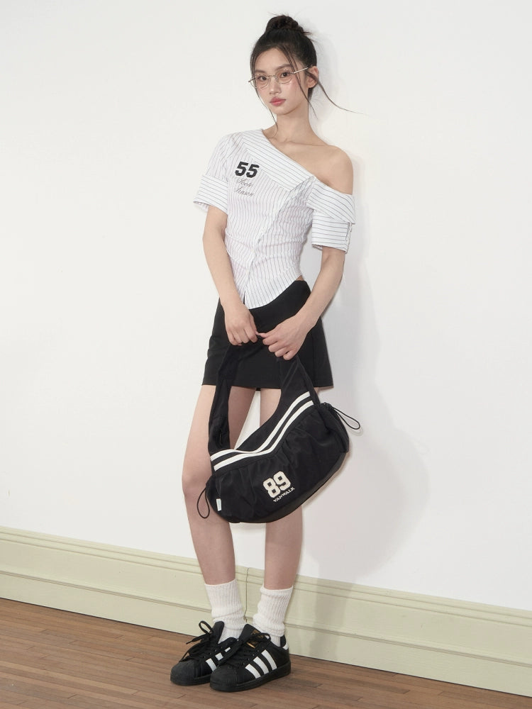 Pure-desire Asymmetric-shoulder Waist-cinching Blouse