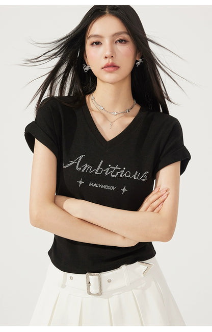 V-neck Waist-cinching Rhinestone Tee