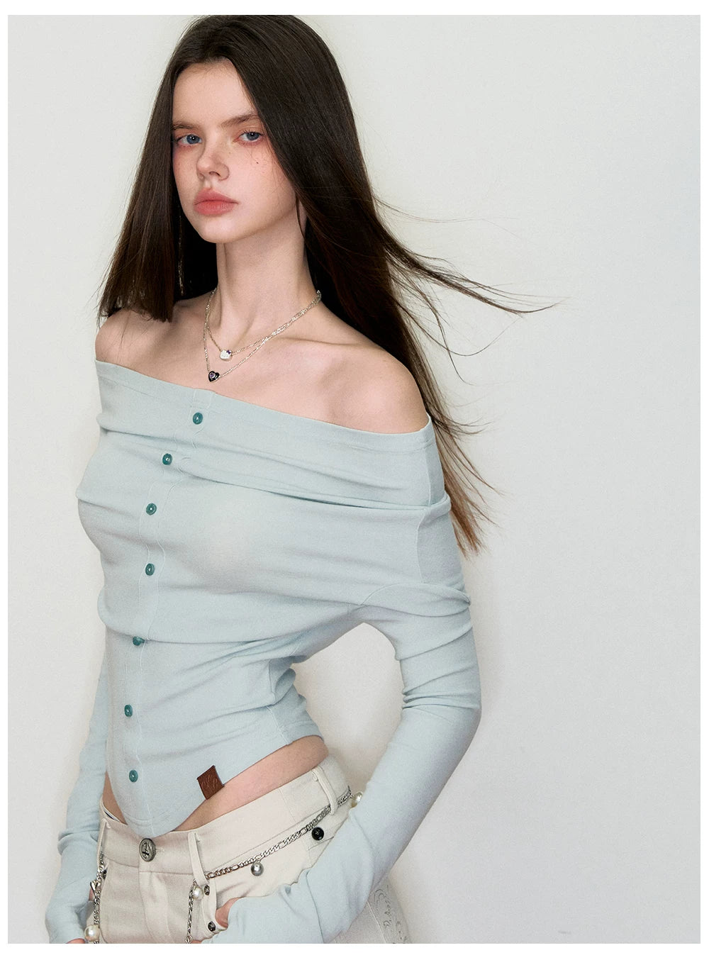 Off-Shoulder Long-Sleeve Knit T-Shirt