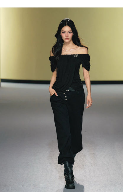 Off-Shoulder Draped Pleated Lyocell Top