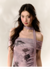 Purple Butterfly & Pink Butterfly Mesh One-shoulder T-shirt - CHINASQUAD