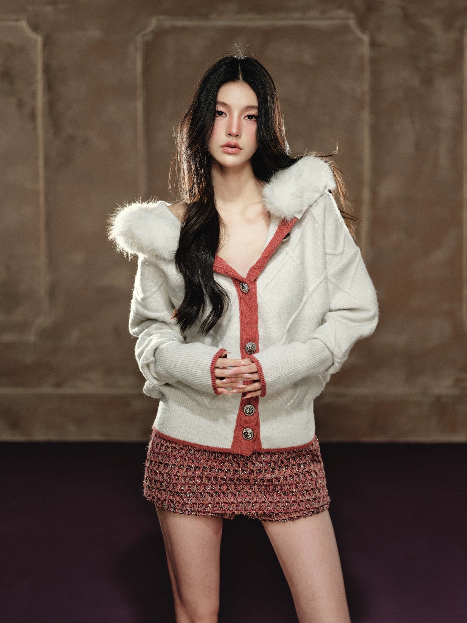 Detachable Fur-Collar Argyle Hooded Knit Cardigan