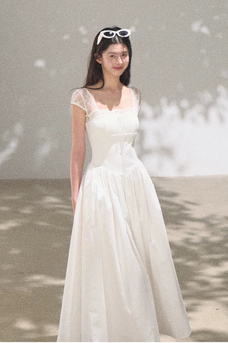 Lace-Spliced Cinched-Waist Vacation Camisole Dress