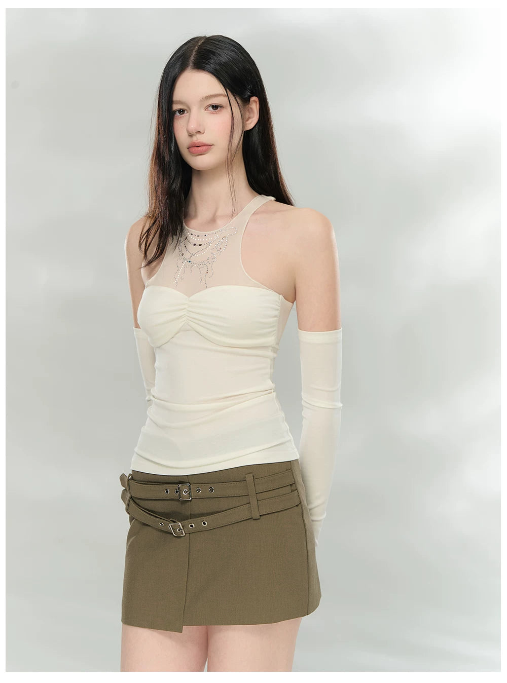 Detachable Mesh Panel Halter T-Shirt