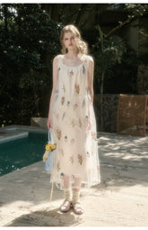 Gauze Flower Embroidered Double - Layer Sundress - CHINASQUAD