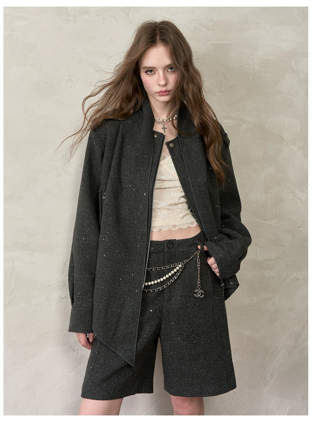 Irregular Silver-Dot Wool Blend Loose Shorts