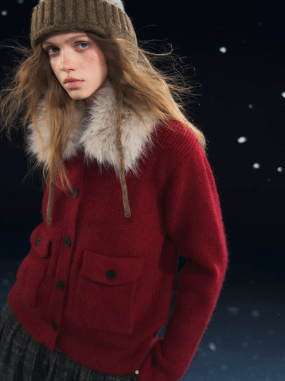 Detachable Fur Collar Ribbed Cardigan