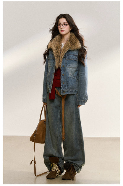 Faux Fur Collar Denim Jacket