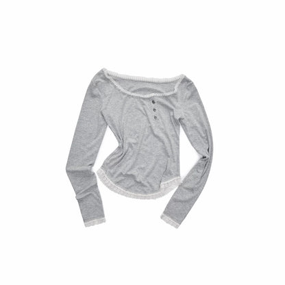 Asymmetric Henley Lace Trim Long Sleeve Top