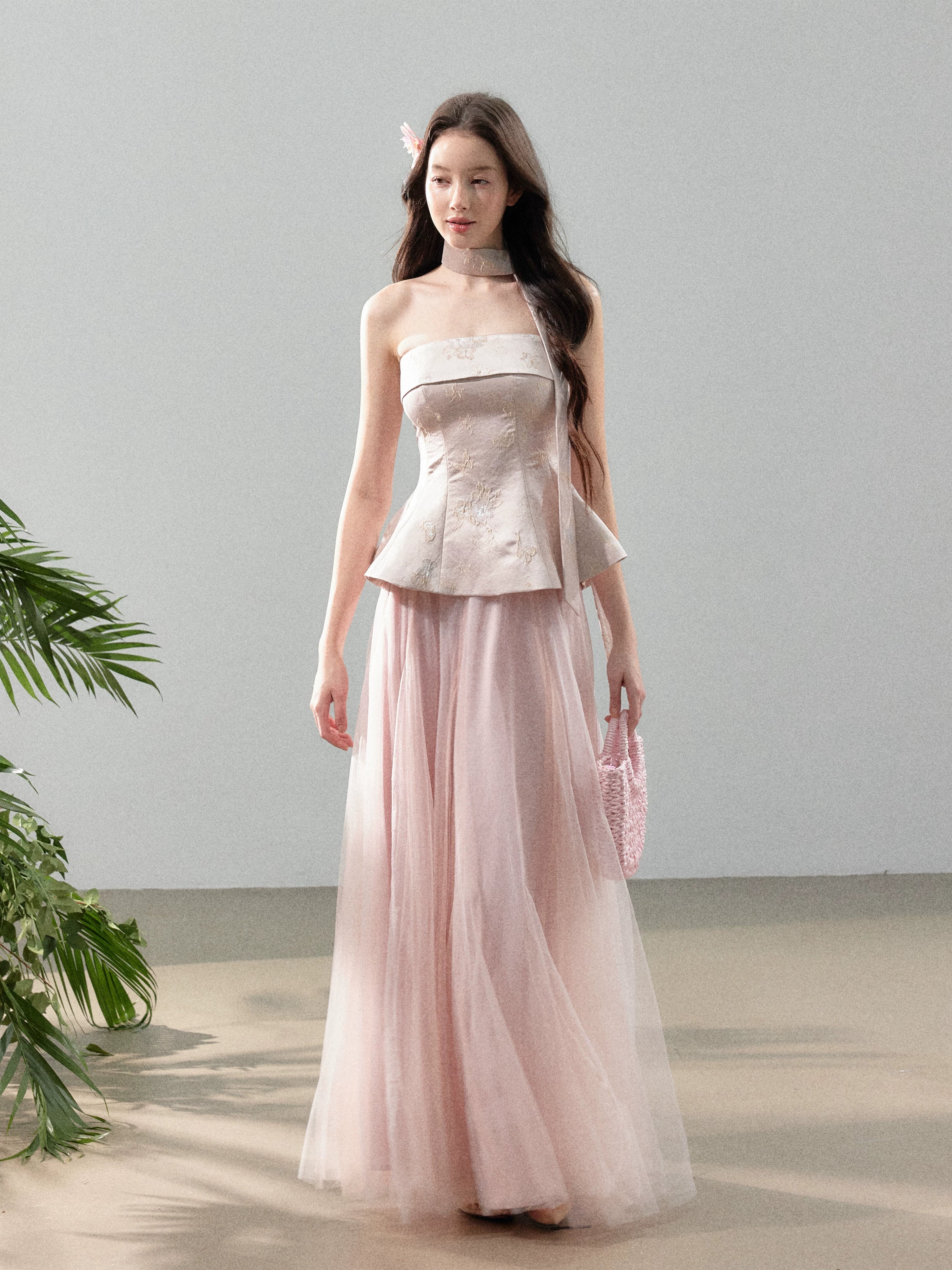 Floral Jacquard Corset Top &amp; Sheer Mesh Skirt Set