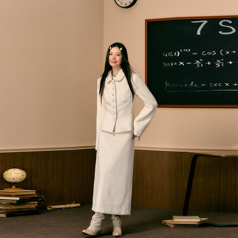 White Slim Woolen Jacket &amp; Skirt Set - CHINASQUAD