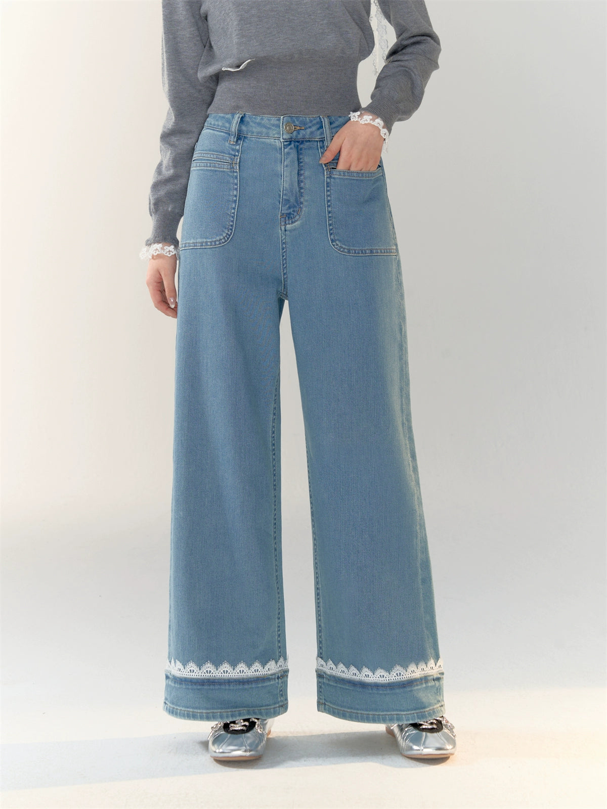 Lace Band Straight-leg Denim Jeans