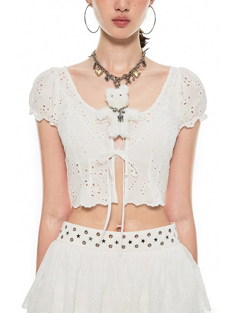 White Hollow Out Drawstring Top