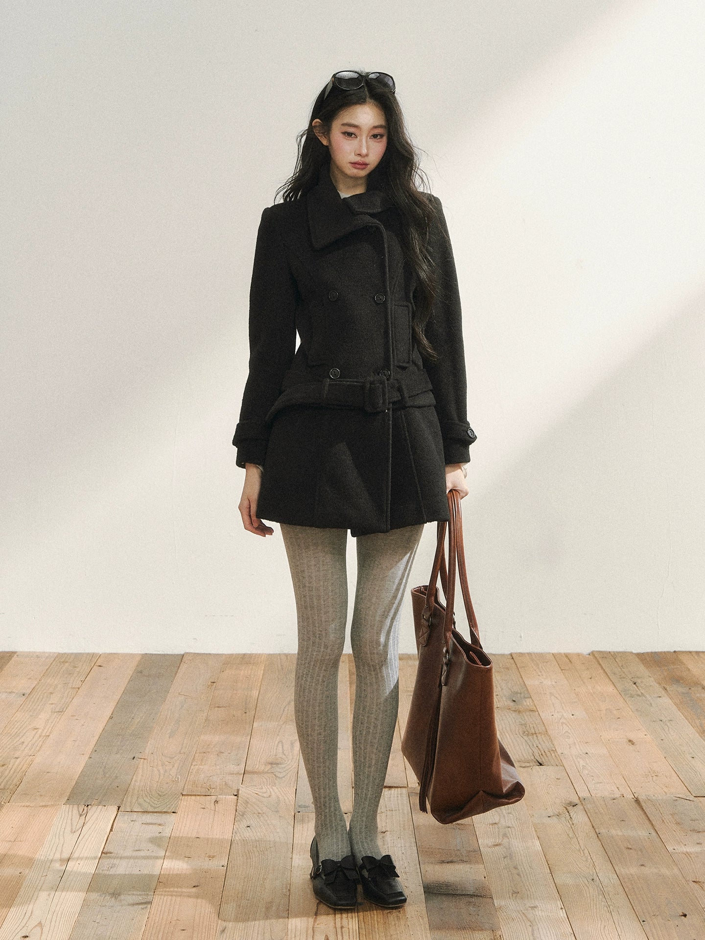 Black Wool-Blend Detachable Hem Double-Breasted Coat